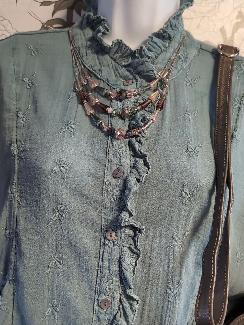 Sundance Washed Teal Ruffle-Trim Button Front Blouse
